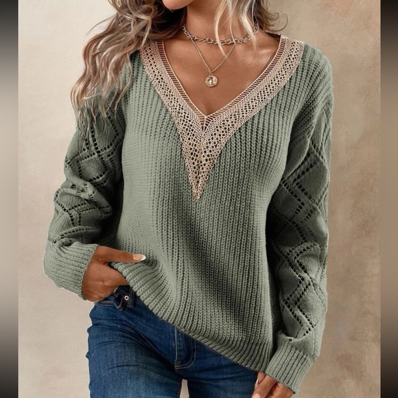 Sweaters - Comfy Sheer Lace V Neck Knit Swearer Top Green